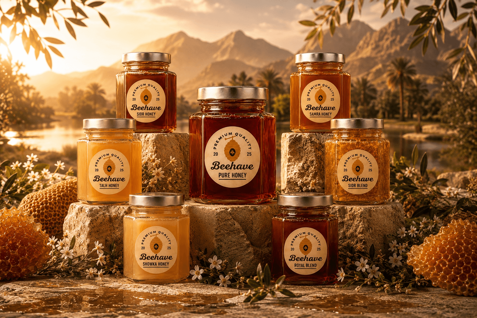 The full Beehave honey collection: Sidr, Talh, Samra, Showka and premium blends